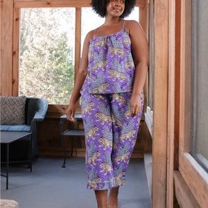 Printfresh NWT Pajama Set with Cami Cropped Pants Bagheera Tiger Print Purple 3X